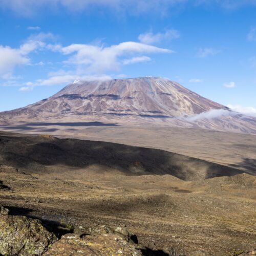 Breathtaking view of Mount Kilimanjaro under a clear blue sky, perfect for travel and adventure enthusiasts.