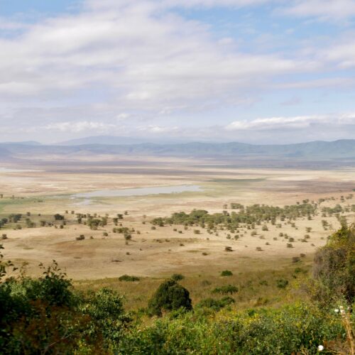 A stunning panoramic view of Ngorongoro Crater in Tanzania, showcasing its vast savannah and natural beauty.
