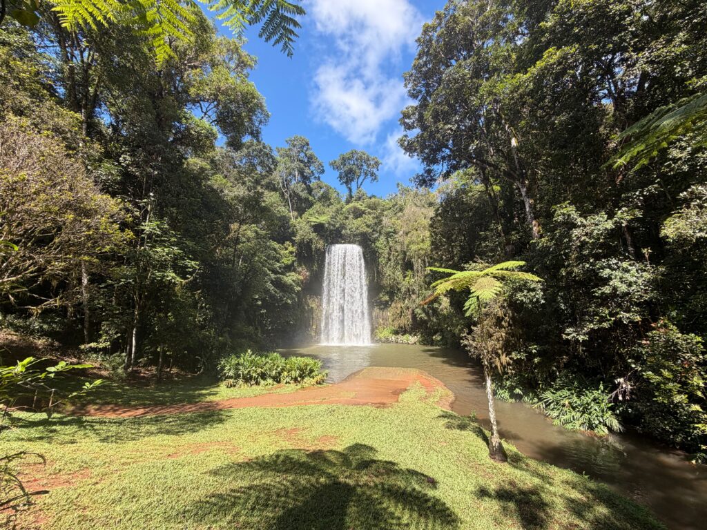 Materuni Waterfalls Tour A stunning waterfall cascades in an Australian rainforest, surrounded by lush greenery under a clear blue sky.
