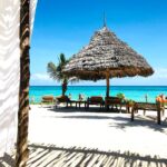 A serene tropical beach scene in Zanzibar featuring a straw umbrella and clear blue skies.