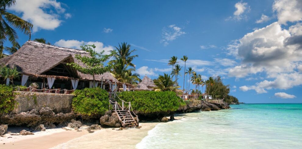 scene in Zanzibar with palm trees, turquoise sea, and a traditional villa.